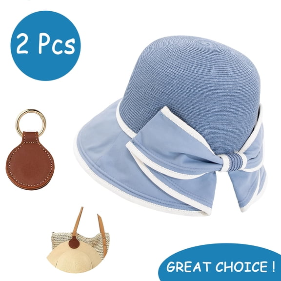 SkyAuks Women's Sun Hats with Hat Clip, Large Brim UV Straw Sun Visor Hat with Bow, Blue
