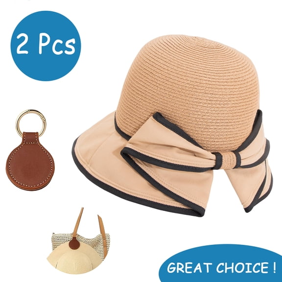 SkyAuks Women's Sun Hats with Hat Clip, Large Brim UV Straw Sun Visor Hat with Bow, Khaki