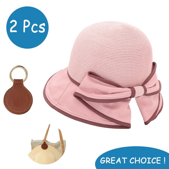 SkyAuks Women's Sun Hats with Hat Clip, Large Brim UV Straw Sun Visor Hat with Bow, Pink