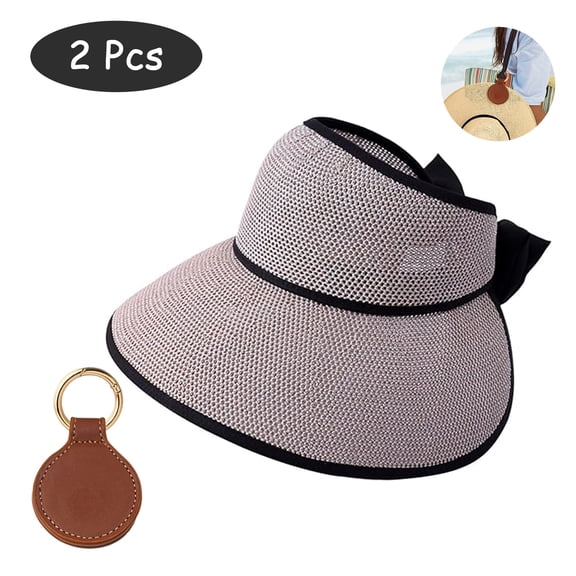 SkyAuks Womens Straw Hat with Hat Clip, Large Brim Slit Sun Hats for Women, Bow Knot Adjustable Ponytail Cap, Bowknot Foldable Bucket Beach Caps, Gray