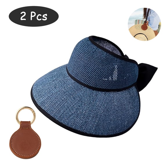 SkyAuks Womens Straw Hat with Hat Clip, Large Brim Slit Sun Hats for Women, Bow Knot Adjustable Ponytail Cap, Bowknot Foldable Bucket Beach Caps, Navy Blue