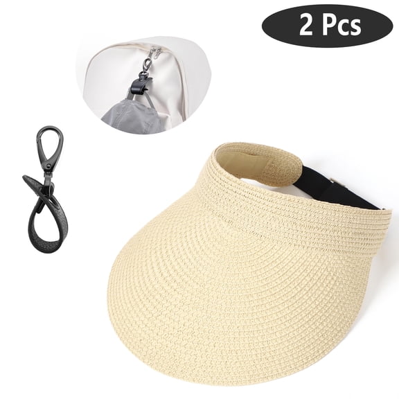 SkyAuks Womens Straw Hat with Hat Clip, Packable Brim Straw Visor for Women UV Protection Beach Cap, Ponytail Hole Cap Suitable for Beach, Boating, Golfing, Beige