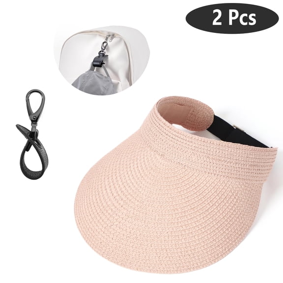 SkyAuks Womens Straw Hat with Hat Clip, Packable Brim Straw Visor for Women UV Protection Beach Cap, Ponytail Hole Cap Suitable for Beach, Boating, Golfing, Pink
