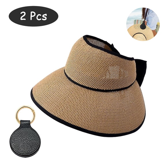 SkyAuks Womens Straw Hat with Hat Clip, Large Brim Bow Ponytail UV Sun Visor Cap, Khaki