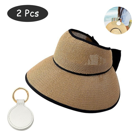 SkyAuks Womens Straw Hat with Hat Clip, Large Brim Bow Ponytail UV Sun Visor Cap, Khaki