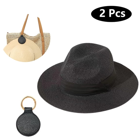 SkyAuks Womens Straw Hat with Hat Clip, Packable Protection UV Straw Hats, Wide Brim Panama Roll up Cap, Travel Classic Manhattan Caps, Black