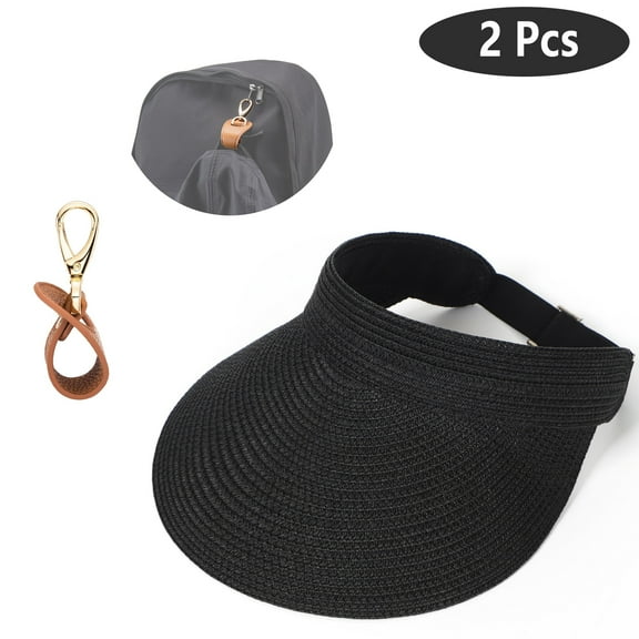 SkyAuks Womens Straw Hat with Hat Clip, UV Protection Brim Visor for Women, Black