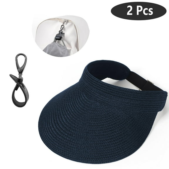 SkyAuks Womens Straw Hat with Hat Clip, UV Protection Brim Visor for Women, Navy Blue