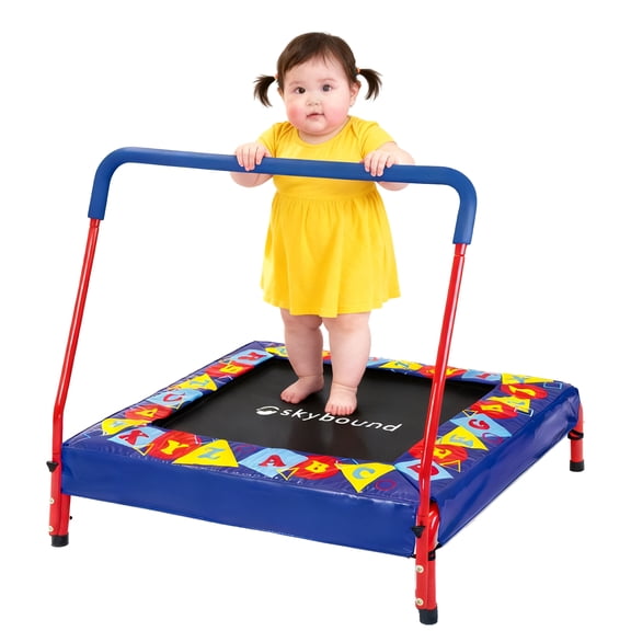 SkyBound 36" Rectangle Mini Trampoline with Handlebar, 4-Leg Stable Support, Blue+Red
