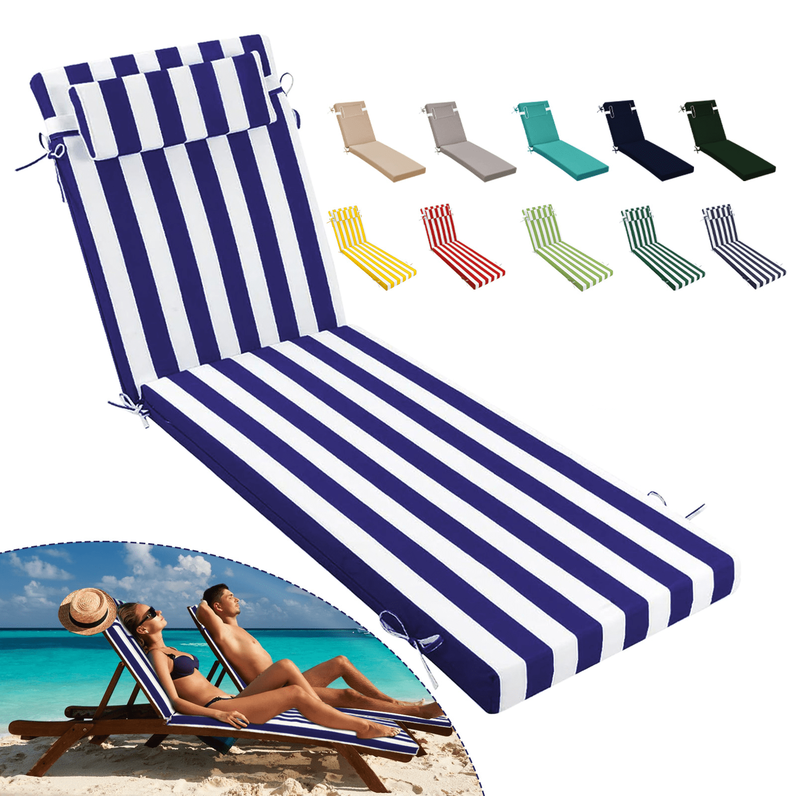 SDJPOI Outdoor Chaise Lounge Cushions, 72×21×3in Patio Chair Cushion for Pool & Beach（Blue White）