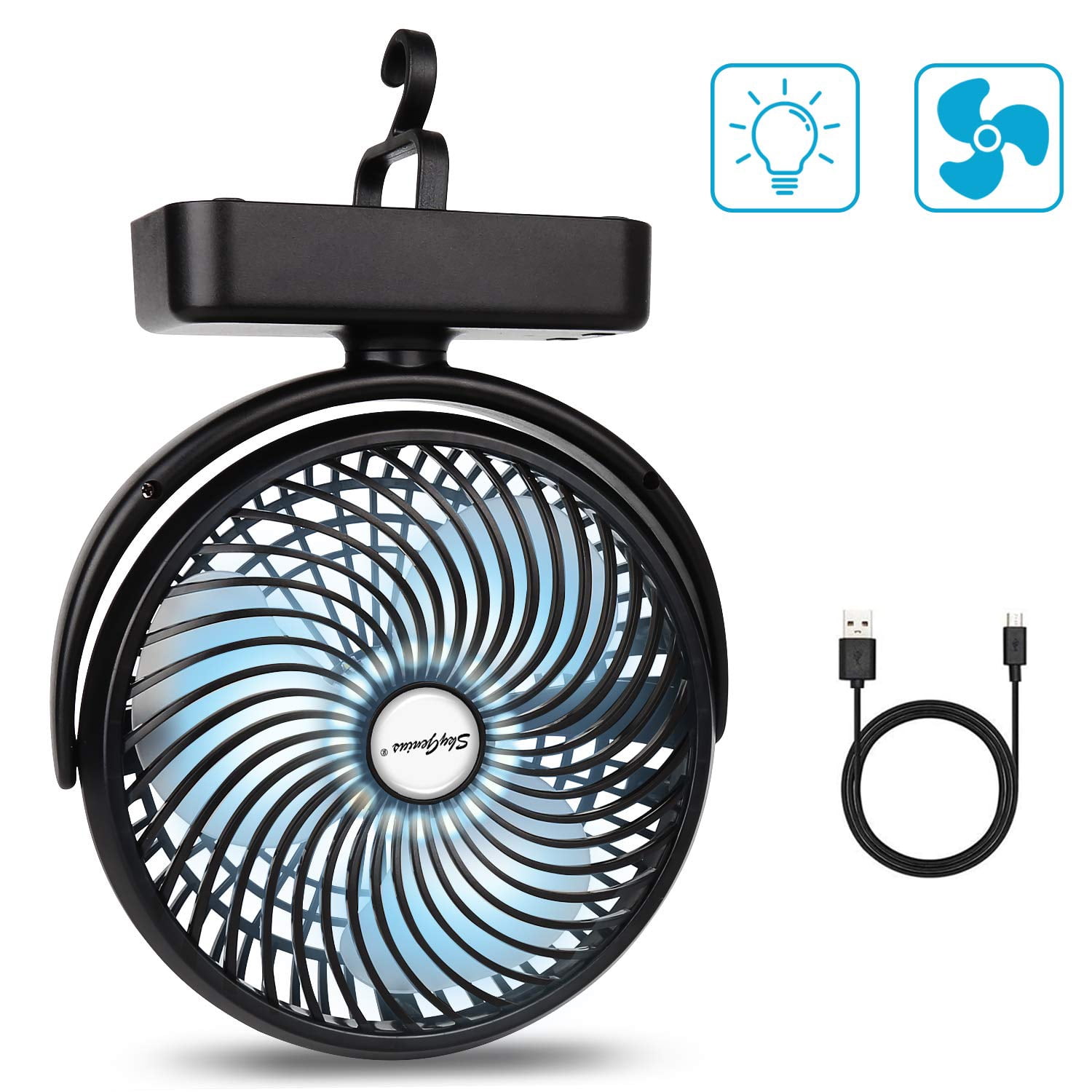 SkyGenius 7 inch Camping Fan with LED Lights USB Rechargeable Mini Desk Fan 4400mAh Battery Operated