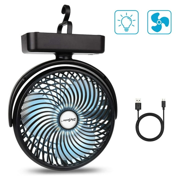 SkyGenius 7 inch Camping Fan with LED Lights USB Rechargeable Mini Desk Fan 4400mAh Battery Operated