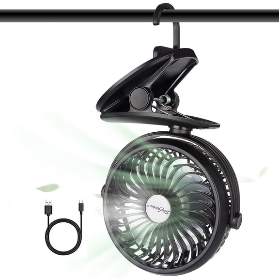 SkyGenius Portable Clip on Fan Battery Operated Fan with Hanging Hook Rechargeable Stroller Fan, Black