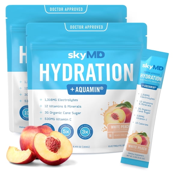 SkyMD Daily Hydration | Electrolytes Powder Packets | Low Sugar, 10 Calories | 12 Vitamins & Minerals, Sodium | Drink Mix for Energy and Recovery | White Peach | 32 Sticks