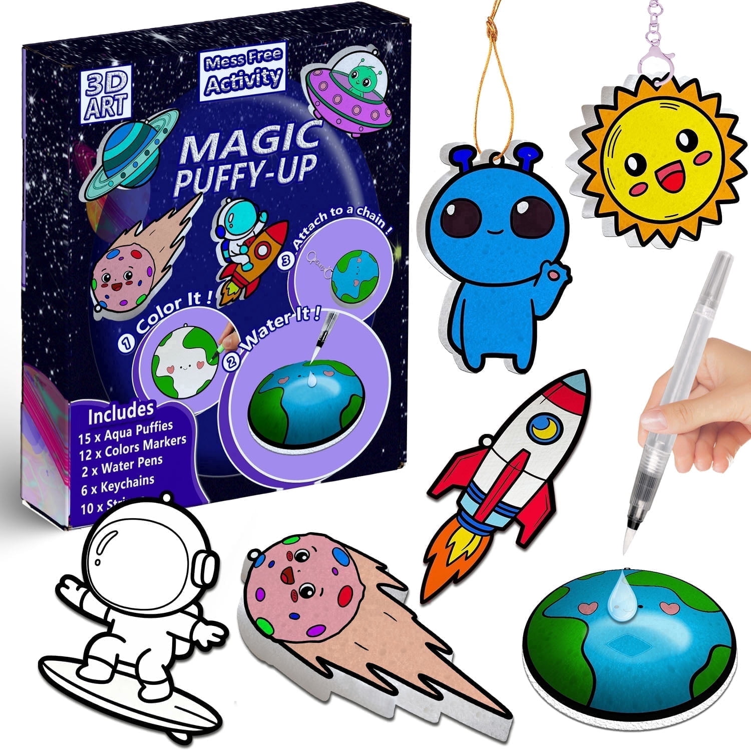 SkyMagic Aqua Puffs 3D Art Kit for Kids – Mess-Free Paint by Number SpaceCraft, DIY Color & Inflate Activity, Easter Basket Stuffers Creative Gift for Girls Boys Ages 4-10
