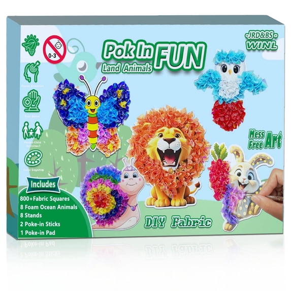 SkyMagic Poke Poke Art Animals Theme - Mess-Free Fabric Art Craft Kit with Flower Pressing, Creative Gift for Kids Ages 4+