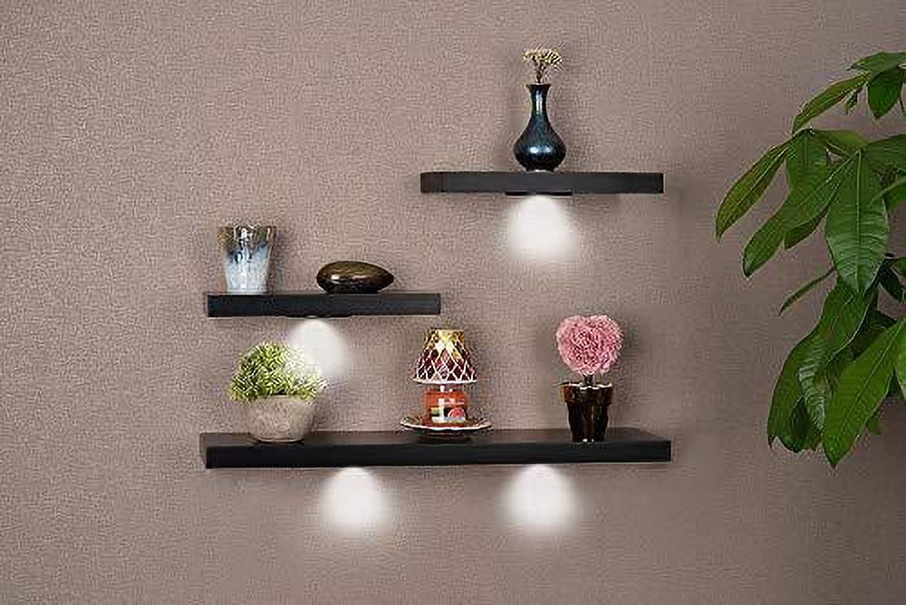 Black MDF Floating Wall Shelves with LED Lights, Set of 3