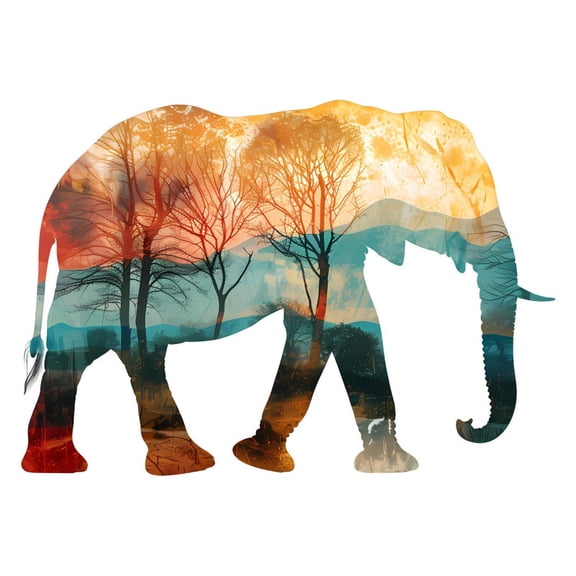 SkyOlla Beautiful Double Exposure Nature Forest Elephant Wall Sticker 59x45 cm Golden Sunset Autumn Tree Landscape Silhouette Vinyl Wall Decal Creative Living Room Bed Decor Pack of 2
