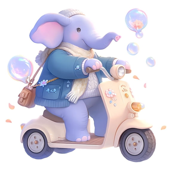 SkyOlla Cute Cartoon Baby Elephant Riding Scooter Wall Sticker 59x45 cm Blue Jacket Scarf Winter Beanie Floating Soap Bubbles Toy Character Self Adhesive Vinyl Wall Decal Kids Room Pack of 2