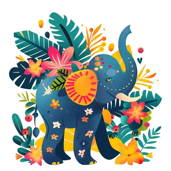 SkyOlla Cute Cartoon Teal Blue Jungle Elephant Wall Sticker 59x45 cm Playful Wild Animal Patterned Ears Tropical Palm Leaves Monstera Red Floral Border Self Adhesive Vinyl Wall Decal Pack of 2