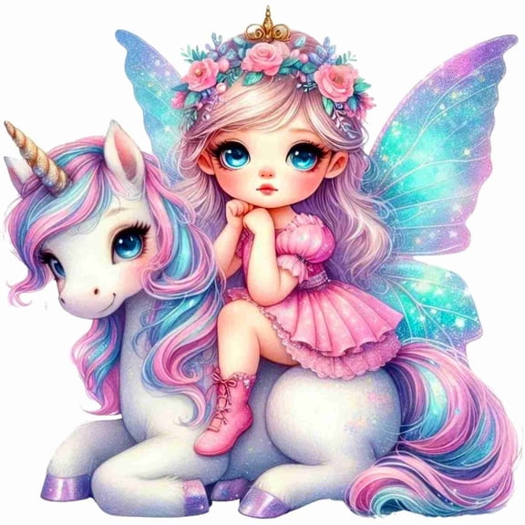 SkyOlla Cute Little Angel Fairy Riding Magical Unicorn Vinyl Wall Sticker Self Adhesive Floral Crown Pixie Kids Room Nursery Bedroom Decor Pack of 2 (Size 50x59 cm Per Sticker)