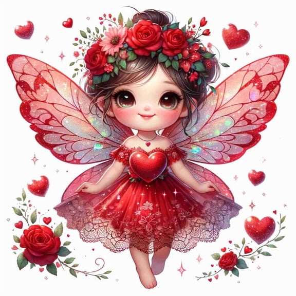 SkyOlla Cute Red Gown Angel Fairy Floating with Glitter Hearts Vinyl Wall Sticker Self Adhesive Red Rose Crown Pixie Kids Room Nursery Decor Pack of 2 (Size 50x59 cm Per Sticker)