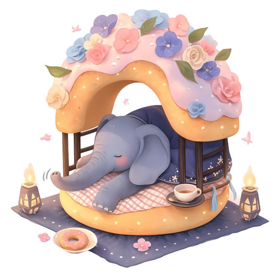SkyOlla Cute Sleeping Baby Elephant Donut Bed Wall Sticker 59x45 cm Sweet Dreams Floral Icing Canopy Blanket Pastel Tea Cup Magic Lanterns Self Adhesive Vinyl Wall Decal Kids Decor Pack of 2