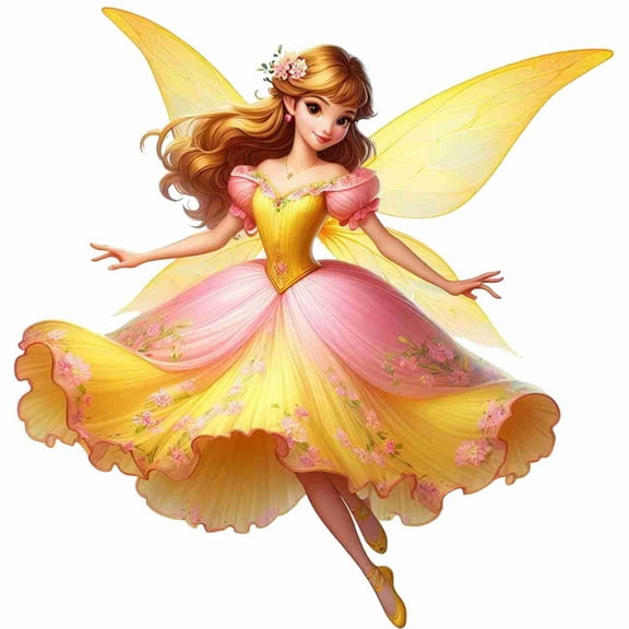 SkyOlla Elegant Yellow Gown Angel Fairy Flying Vinyl Wall Sticker Self Adhesive Golden Wings Pixie Decal for Kids Room Nursery Baby Girl Bedroom Decor Pack of 2 (Size 50x59 cm Per Sticker)