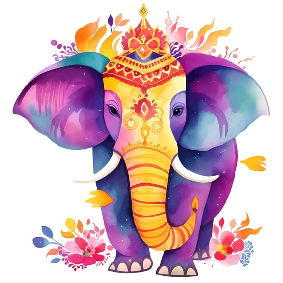 SkyOlla Festive Watercolor Purple Elephant Wall Sticker 59x45 cm Ornate Gilded Head Dress Crown Floral Border Colorful Accents Artwork Self Adhesive Vinyl Wall Decal Home Decor Pack of 2