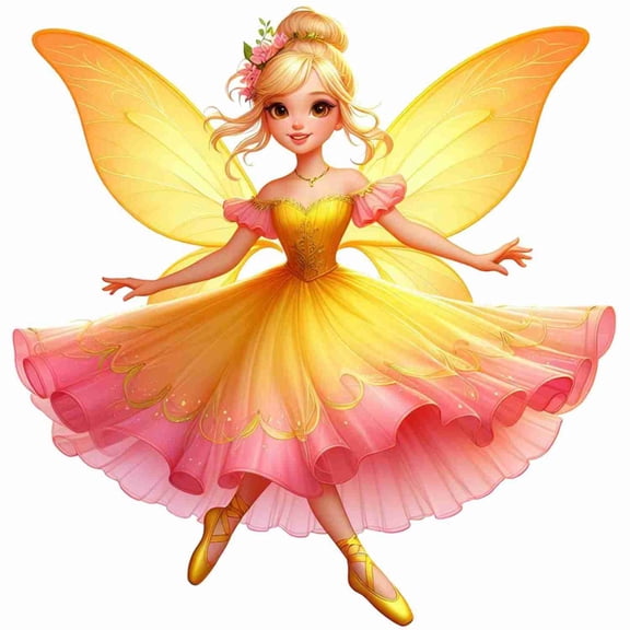 SkyOlla Lovely Golden Dress Angel Fairy with Tiara Vinyl Wall Sticker Self Adhesive Flying Pixie Decal for Kids Room Nursery Baby Girl Bedroom Decor Pack of 2 (Size 50x59 cm Per Sticker)