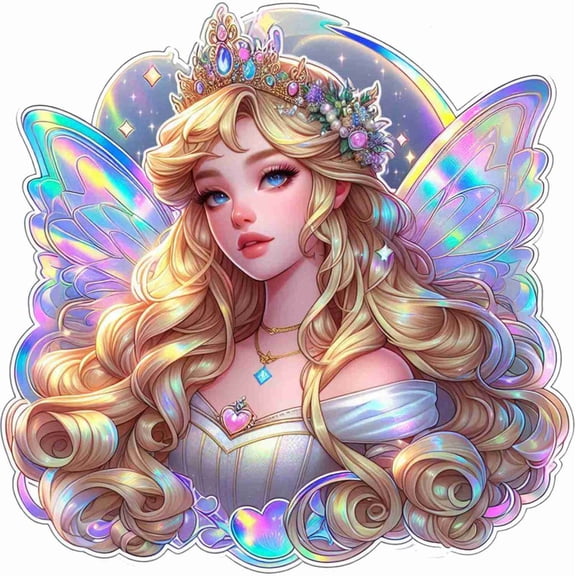 SkyOlla Magical Holographic Style Angel Fairy Princess Vinyl Wall Sticker Self Adhesive Colorful Crown Pixie Decal for Kids Room Nursery Girl Bedroom Decor Pack of 2 (Size 50x59 cm Per Sticker)