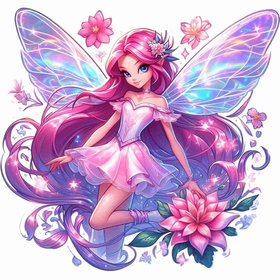 SkyOlla Magical Pink Dress Angel Fairy with Flowers Vinyl Wall Sticker Self Adhesive Holographic Pixie Kids Room Nursery Girl Bedroom Decor Pack of 2 (Size 50x59 cm Per Sticker)