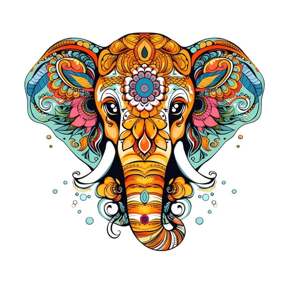 SkyOlla Ornate Elephant Face Mandala Art Wall Sticker 59x45 cm Vibrant Orange Teal Floral Tribal Pattern Vinyl Wall Decal Indian Folk Culture Self Adhesive Poster Creative Home Decor Pack of 2