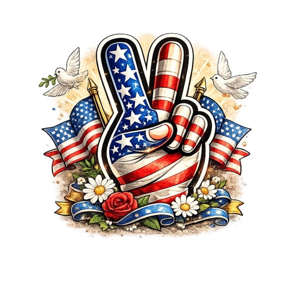 SkyOlla Patriotic US Flag Peace Sign Hand White Doves and Rose Garden Floral Vinyl Wall Sticker Decal Art Mural, Pack of 2, Size 50x59 cm