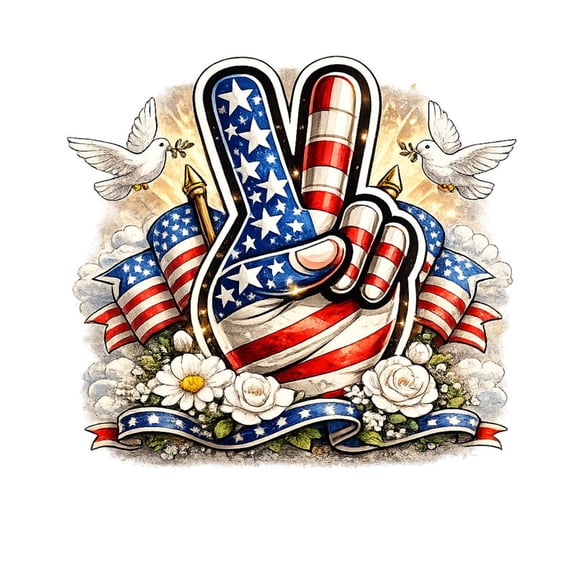 SkyOlla Patriotic US Flag Peace Sign Hand with White Peonies and Golden Sparkles Vinyl Wall Sticker Decal Poster, Pack of 2, Size 50x59 cm