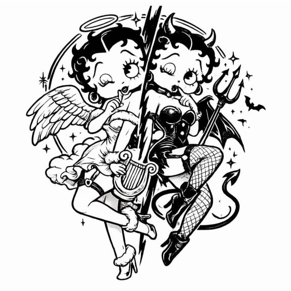 SkyOlla Retro Cartoon Girl Self Adhesive Vinyl Wall Sticker Good Angel Wings Versus Bad Devil Horns Trident Split Persona Fantasy Decal Mural Wall Poster (Size 50x59 cm Pack of 1)