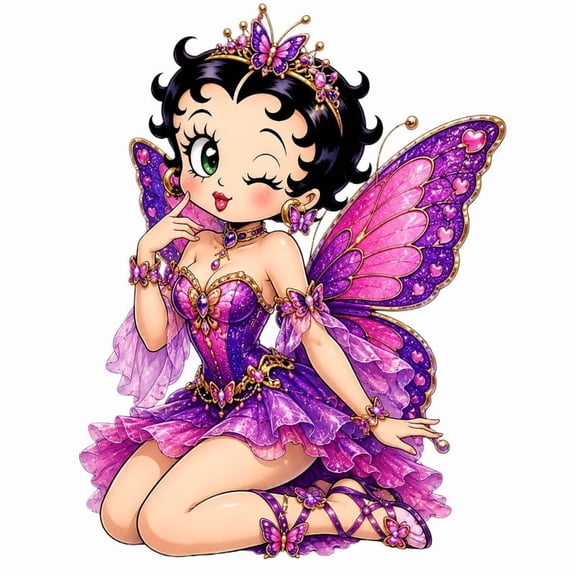 SkyOlla Retro Cartoon Girl Self Adhesive Vinyl Wall Sticker Purple Butterfly Fairy Tiara Angel Wings Sparkle Gown Decal Mural Fantasy Art Poster for Kids Room (Size 50x59 cm Pack of 1)