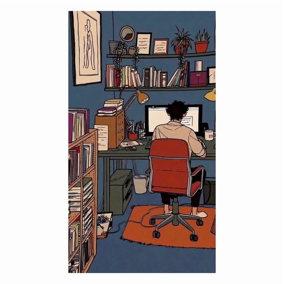 SkyOlla Self Adhesive Vinyl Wall Posters Pack of 2 Anime Style Boy Character Working on Desktop Computer in Creative Room Studio Office Setup Art Prints for Living Room Decor Stickers 41x61 cm