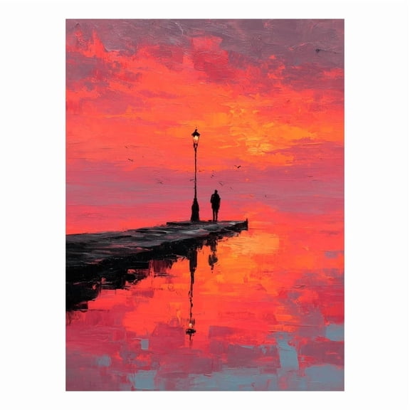 SkyOlla Self Adhesive Vinyl Wall Posters Pack of 2 Man Standing on Pier Sunset Wooden Dock Red Sky Ocean Abstract Oil Painting Art Prints for Living Room Decor Waterproof Stickers Decals 20x16