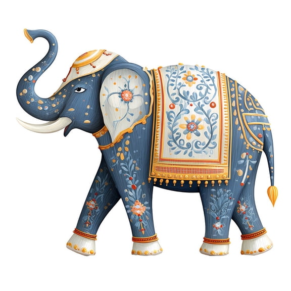SkyOlla Traditional Indian Pichwai Slate Blue Elephant Wall Sticker 59x45 cm White Orange Floral Carpet Pattern Vinyl Wall Decal Ethnic Rajasthani Cultural Heritage Home Decor Pack of 2