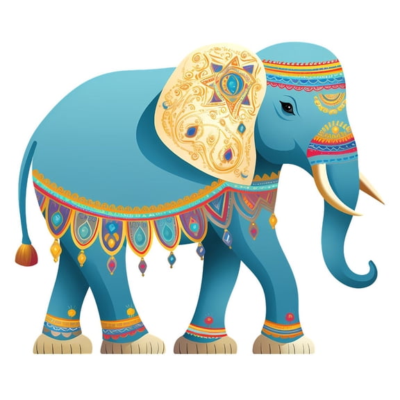 SkyOlla Traditional Indian Royal Blue Elephant Wall Sticker 59x45 cm Ornate Golden Mandala Ear Colorful Festive Saddle Caparison Self Adhesive Vinyl Wall Decal Pooja Room Home Decor Pack of 2
