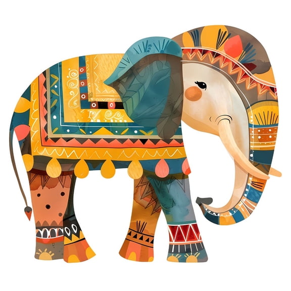 SkyOlla Tribal Folk Art Patterned Elephant Wall Sticker 59x45 cm Ethnic Geometric Details Colorful Caparison Saddle Orange Yellow Native Motifs Self Adhesive Vinyl Wall Decal Decor Pack of 2