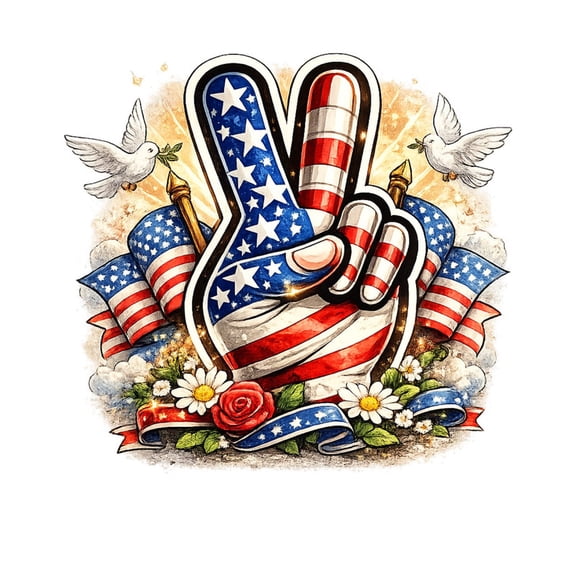 SkyOlla USA Flag Peace Sign Hand Graphic with Doves and Ribbons Patriotic Vinyl Wall Decal Art Mural Room Decoration, Pack of 2, 50x59 cm