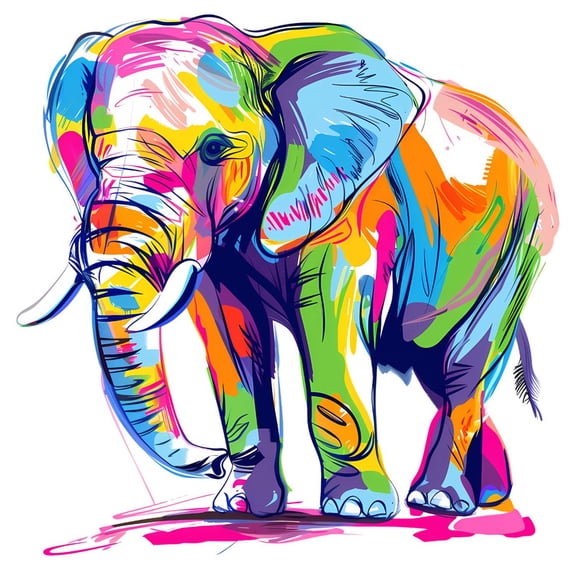 SkyOlla Vibrant Abstract Pop Art Elephant Wall Sticker 59x45 cm Colorful Rainbow Paint Brush Strokes Splatter Sketch Vivid Wild Animal Illustration Self Adhesive Vinyl Wall Decal Decor Pack of 2