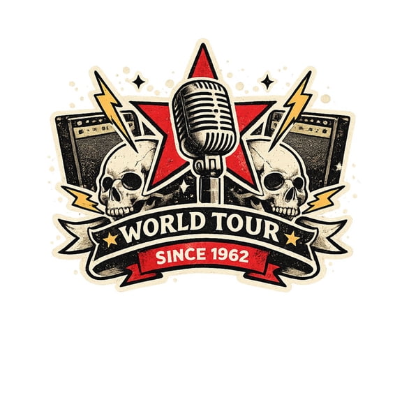 SkyOlla Vintage World Tour Rock Skull Vinyl Wall Sticker, Retro Microphone Music Decal Mural for Bedroom, Pack of 2, 50x59 cm