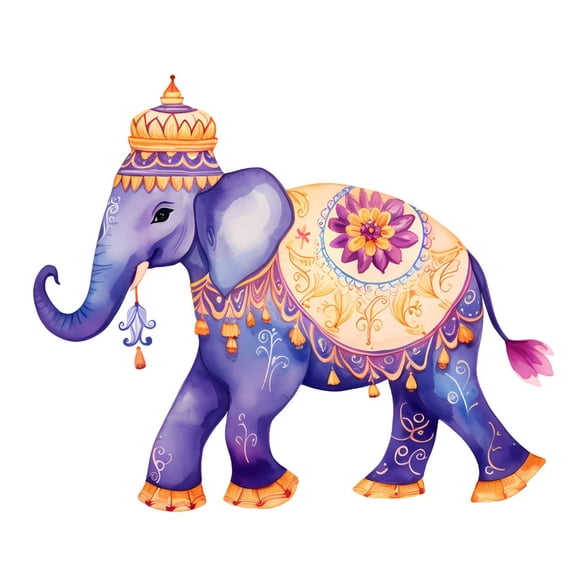 SkyOlla Watercolor Royal Purple Elephant Wall Sticker 59x45 cm Elegant Gold Caparison Flower Pattern Vinyl Wall Decal Traditional Indian Heritage Style Living Room Home Decor Pack of 2