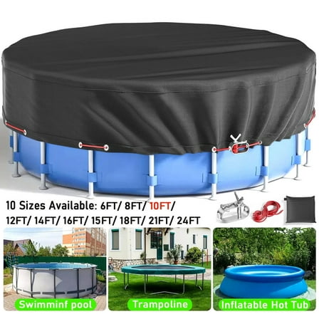 SHELTUSE 10 ft Round Pool Cover Oxford Round Pool Solar Cover Above Ground with Steel Rope for Above Ground Pools, Above Ground Pool Cover, Winter Pool Cover, Black
