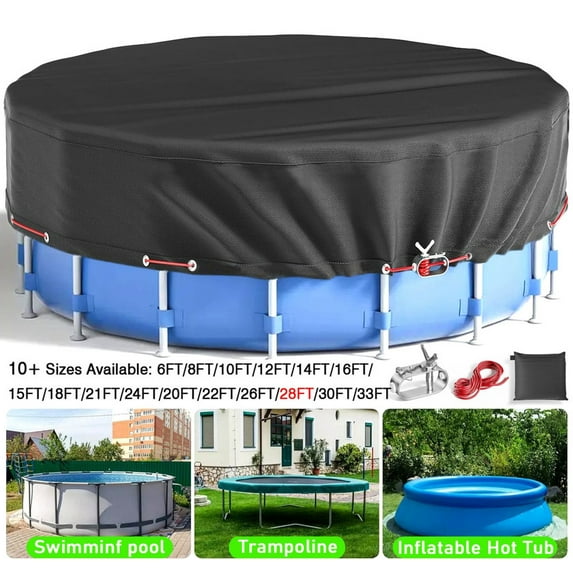 SHELTUSE 28 ft Round Pool Cover Oxford Round Pool Solar Cover Above Ground with Steel Rope for Above Ground Pools, Above Ground Pool Cover, Winter Pool Cover, Black