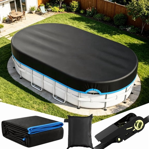 SHELTUSE Oval Pool Cover, 12X20 Ft Oxford Oval Pool Solar Cover Above Oval with Steel Rope Inflatable Pools Cover for Swimming Pool, Blue