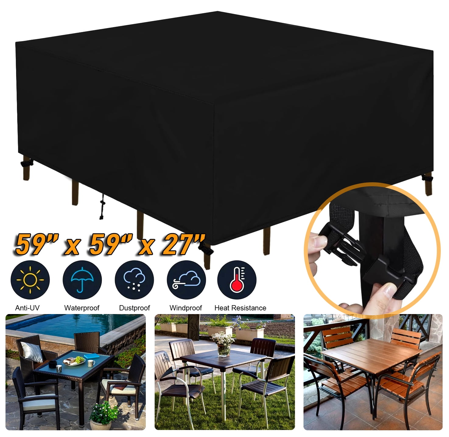 SHELTUSE Square Patio Table Cover - 59 L x 59 W x 27 H IN Waterproof Outdoor Patio Furniture Cover for Table, Chair and Sofa, Windproof \u0026 UV-Protection Patio Cover, Black